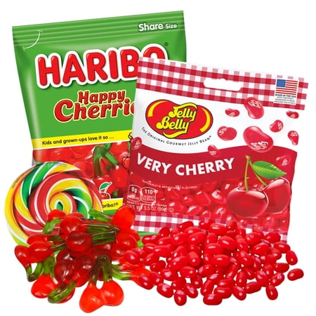 Cherry Lovers Candy Variety Pack, Haribo Happy Cherries and Cherry-Flavored Jelly Beans, Share Size Chewy Candies, Pack of 2