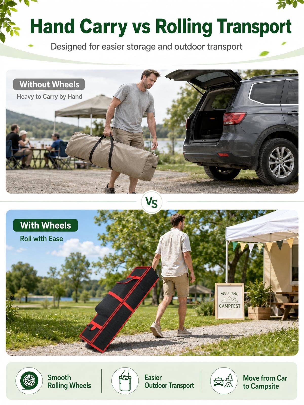 Zinkitool 10x10x62 Tent Bag, Canopy Bag with Handle and Rollers, 1680D Waterproof Oxford Fabric