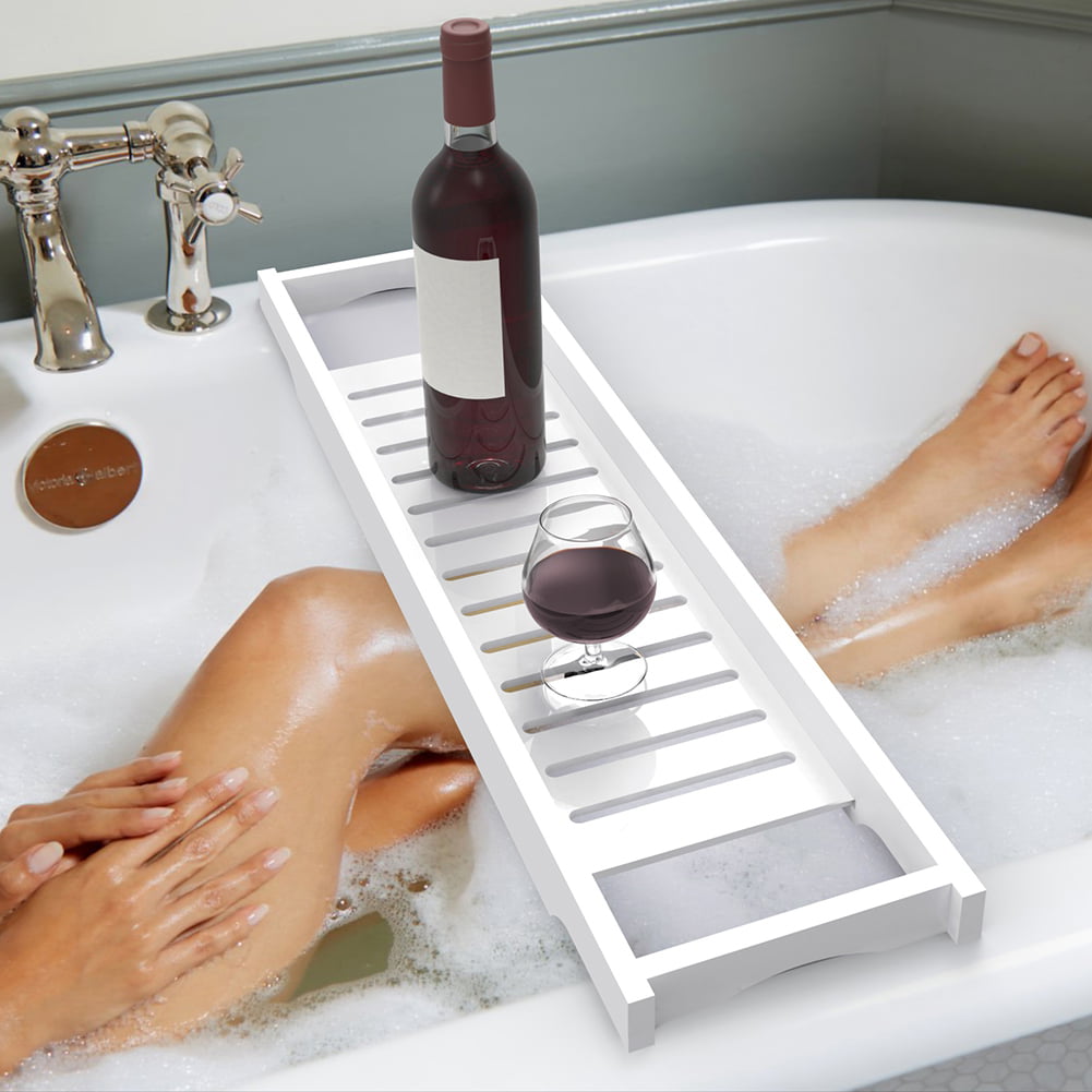 MDF Bathtub Tray Bath Tube Rack Caddy Wood Handle Dining Wine Cup Holder Table