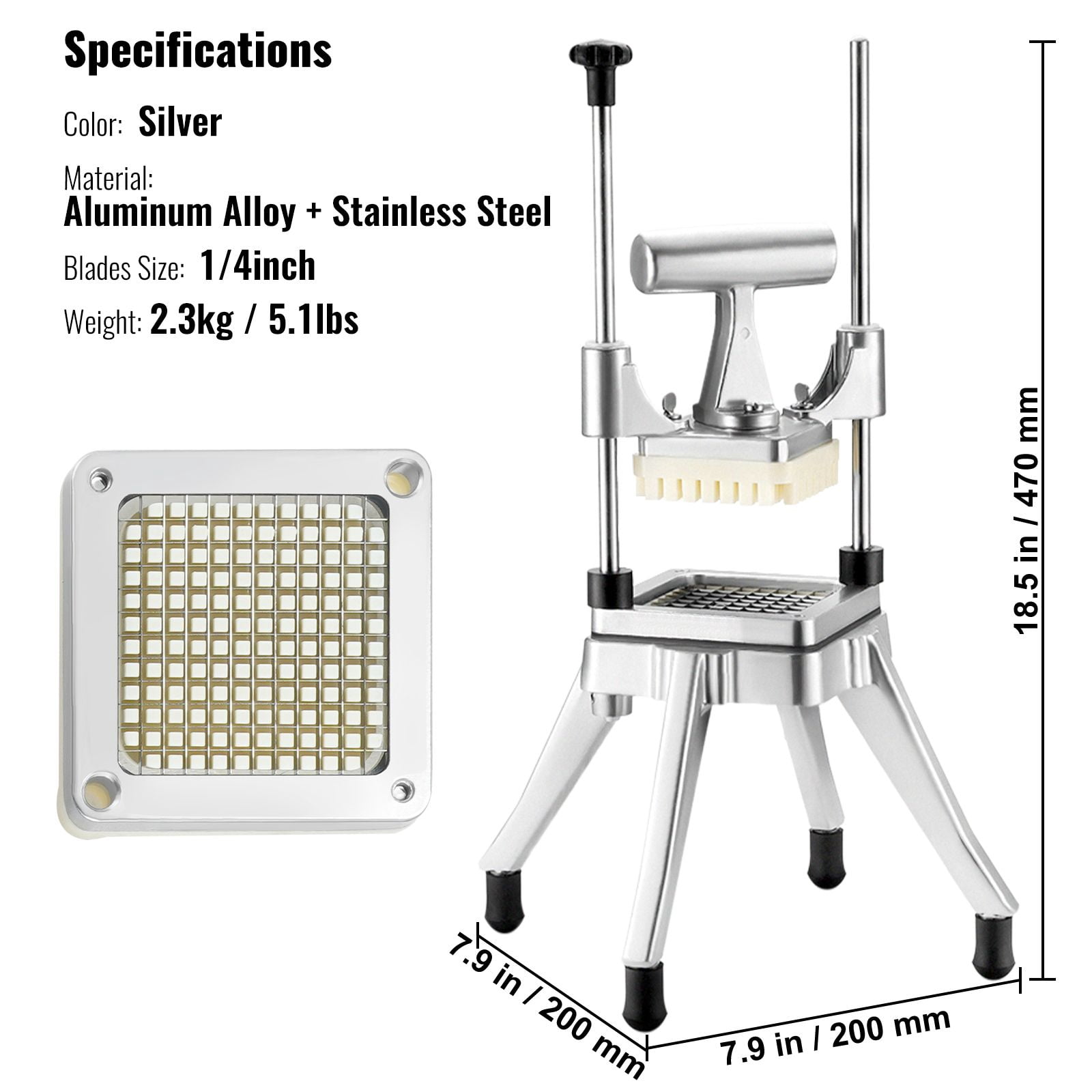 Commercial Vegetable Chopper with 1/4" Blade, Heavy-Duty Stainless Steel & Aluminum, Ergonomic Handle, 4 Non-Slip Feet for Restaurant Home