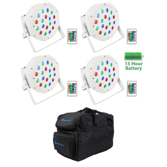 (4) Rockville BATTERY PAR 50 White Rechargeable LED DMX DJ Wash Up-Lights Bag
