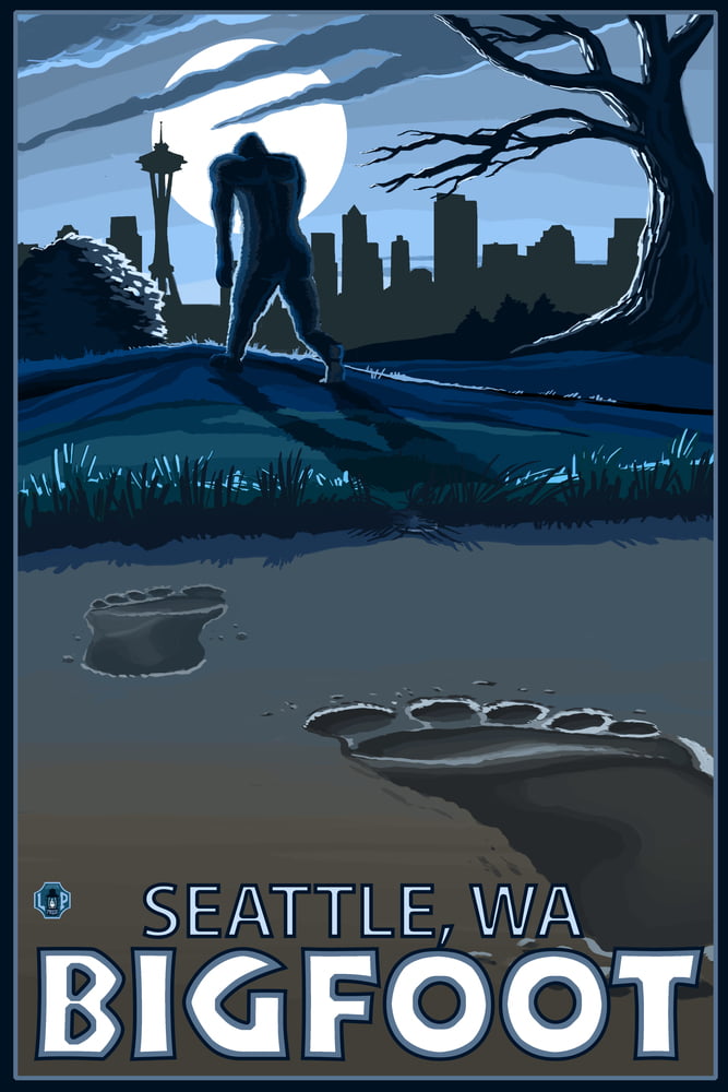 Seattle skyline and Bigfoot vinyl with Hand-painted background. Skyline Bigfoot,5x7 black framed mixed media