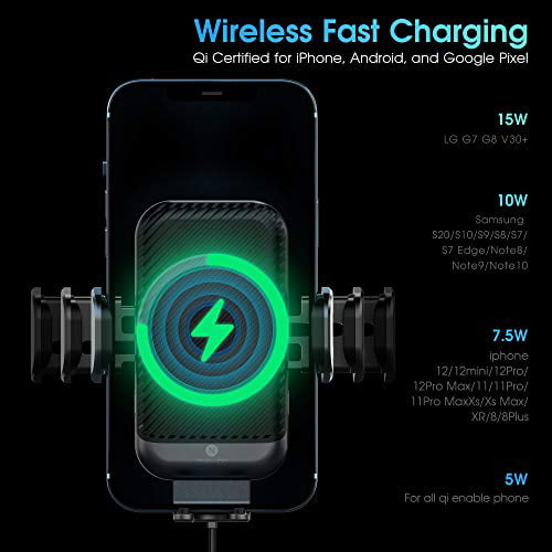 ZeeHoo Wireless Car Charger,15W Qi Fast Charging Auto-Clamping Car Mount,Air Vent Phone Holder Built-in Atmosphere Led Lights,Compatible with iPhone 12/Mini/11 Pro Max,Samsung Note 10 Black 