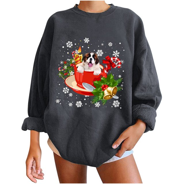 Sudadera holgada con estampado clásico de perro de Navidad de invierno para mujer Fridja fksj2151