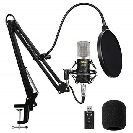 aokeo ak-70 professional studio live stream broadcasting recording condenser microphone with ak-35 suspension scissor arm stand, shock mount, pop filter, usb sound card and mounting