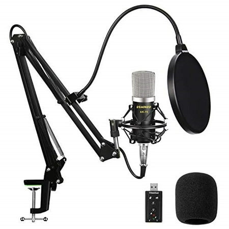 - aokeo ak-70 professional studio live stream broadcasting recording condenser microphone with ak-35 suspension scissor arm stand, shock mount, pop filter, usb sound card and mounting clamp