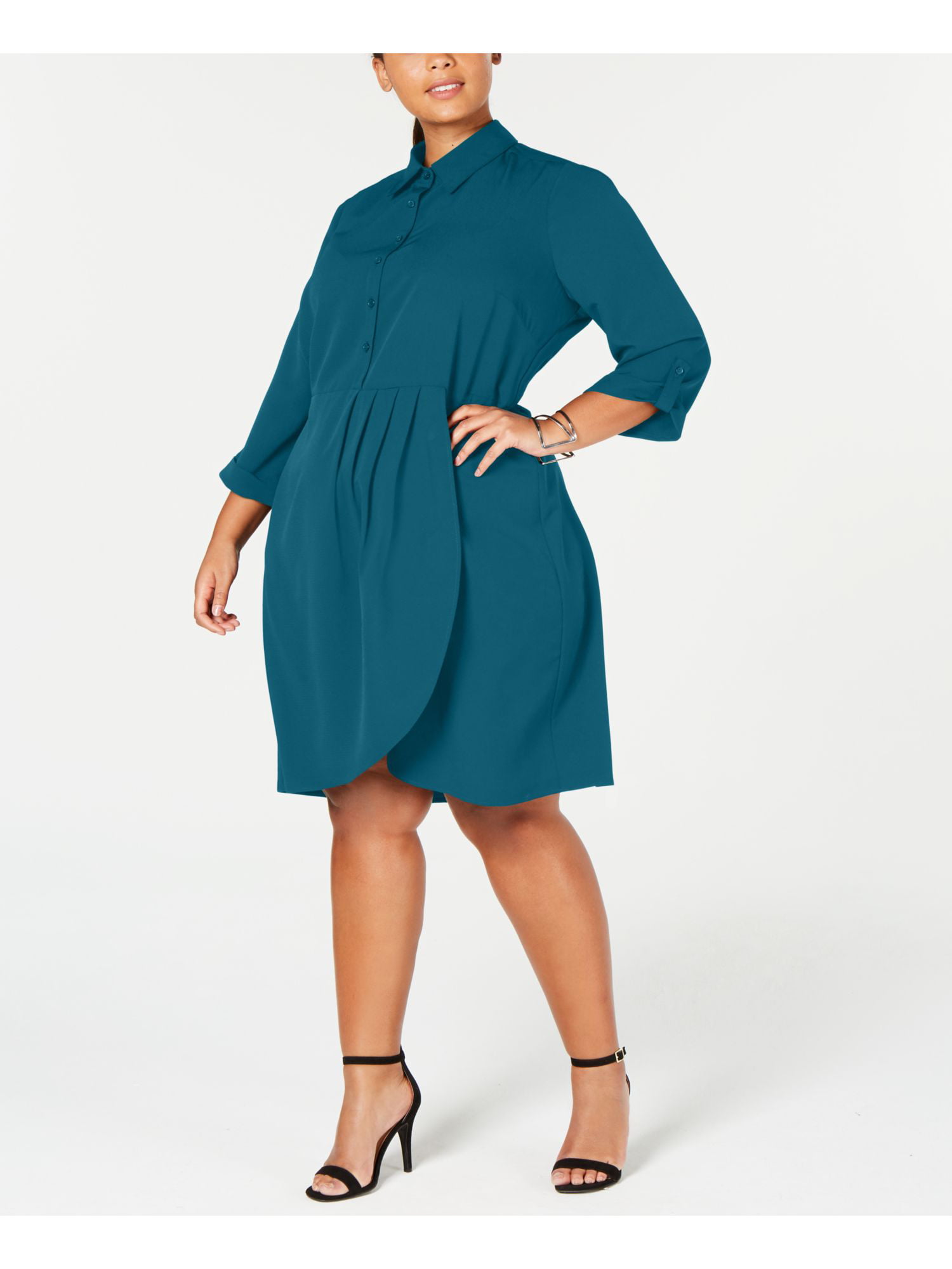 Women's Plus Size Button Down Shirtdress with Roll Tab - Walmart.com