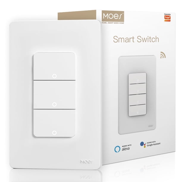 MOES - Interruptores inteligentes de triple luz, 2.4 GHz, Wi-Fi, 3 bandas, un solo polo, requiere cable neutro, combo de interruptor inteligente, funciona con Alexa Google Assistant, control remoto