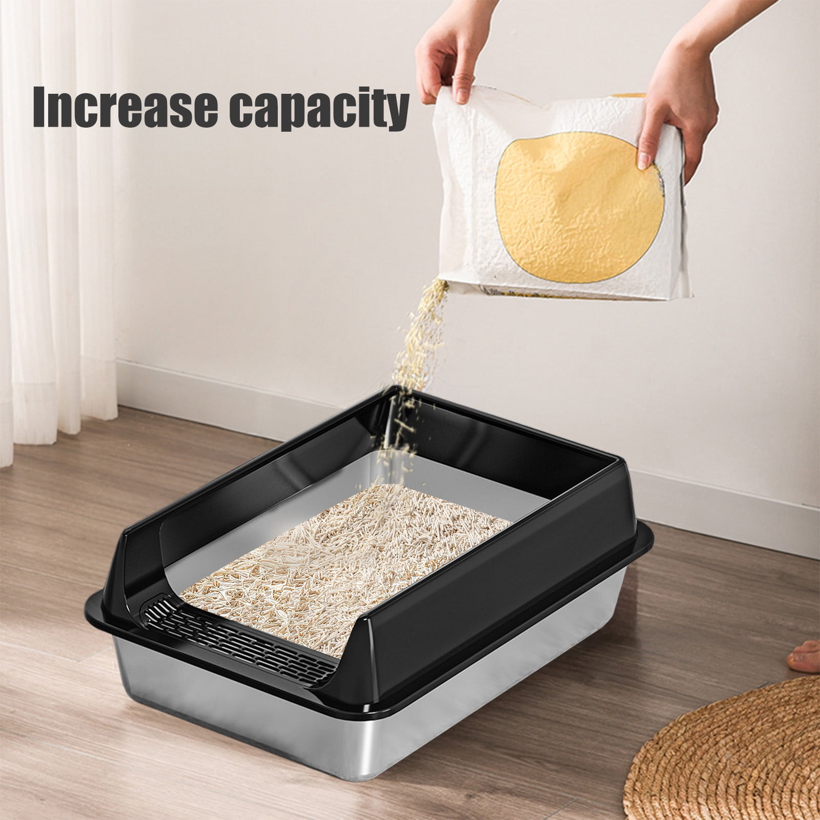 openpig Stainless Steel Litter Box, Metal Cat Litter Tray for Indoor Cats, Enclosure Cat Litter Pan for Cats, Non-Sticky Kitty Litter Box, Anti-Leakage, Black