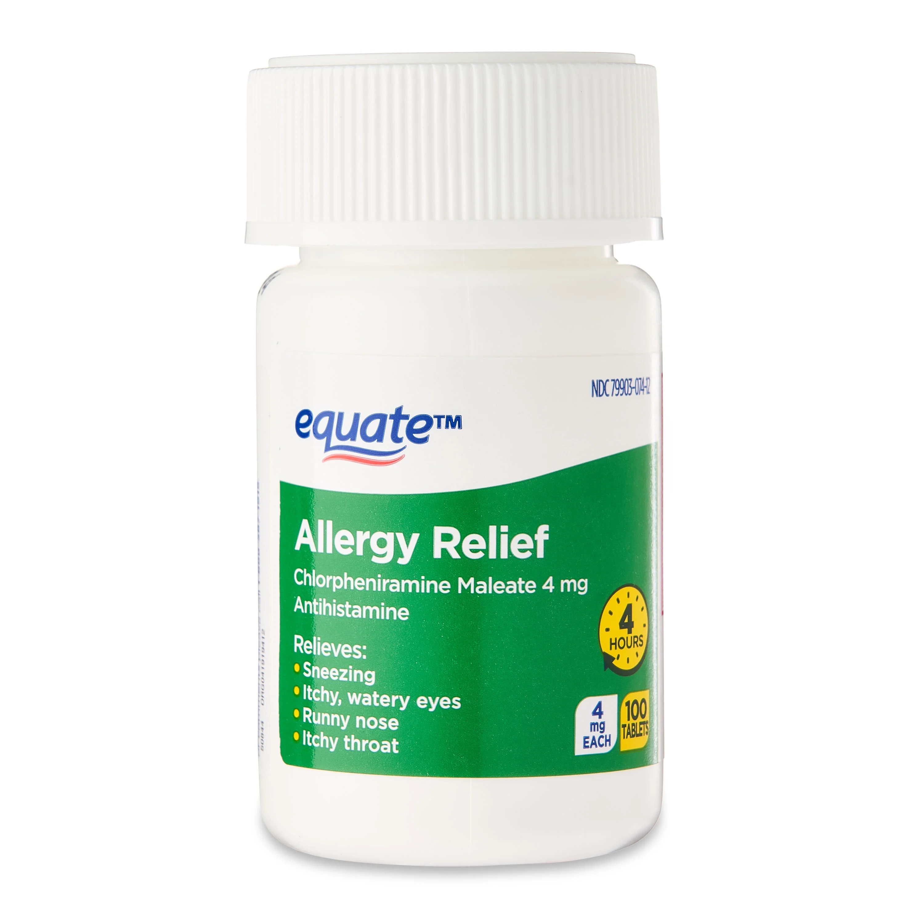Equate Formaldehyde-Free Chlorpheniramine Maleate Allergy Medicine, 100 Tablets, 4 mg