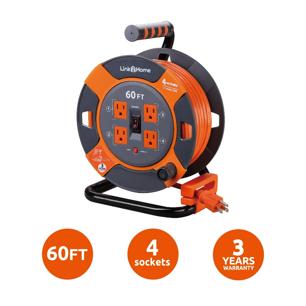 Link2Home Cord Reel 60 ft. Extension Cord 4 Power Outlets 14 AWG SJTW Cable. Heavy Duty High