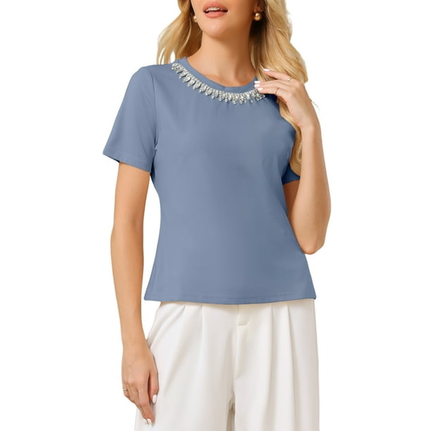INSPIRAR CHIC Blusa Elegante para Mujeres con Brillos y Piedras para Cócteles y Fiestas M Azul Polvoriento