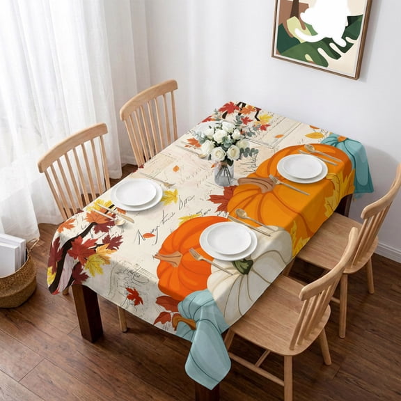 Orange Pumpkins Fall Table Cloth Waterproof Tablecloths, Thanksgiving Maple Leaf Branches Tablecloth Dining Table Cover for Kitchen Party Tabletop Outdoor, Rectangle Tablecloth 60x102 Inch