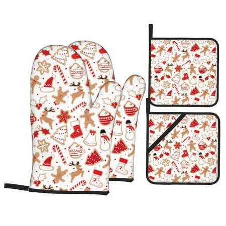

Oven Mitts and Pot Holders Sets 4 pcs Gingerbread Holiday Sweets Non-Slip Oven Gloves Potholders Soft Quilted Lining Heat Resistant Gloves Hot Pads for Kitchen Cooking Baking