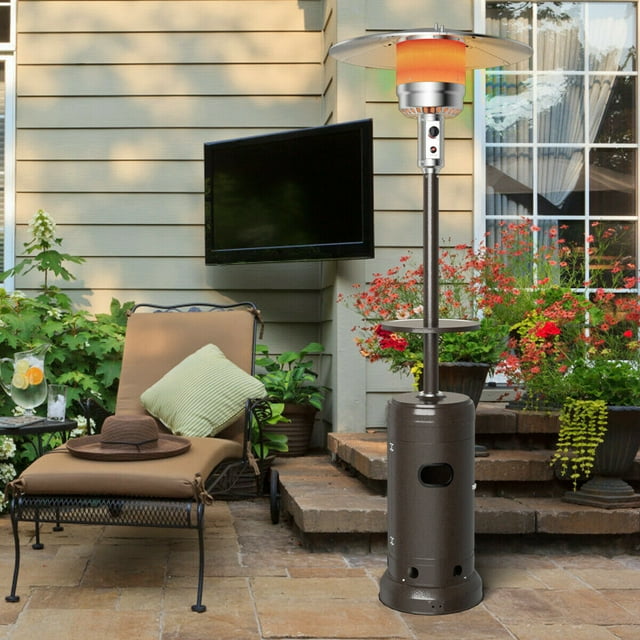 Gymax Outdoor Patio Heater Propane Standing LP Gas Steel W/Table & Wheels Bronze