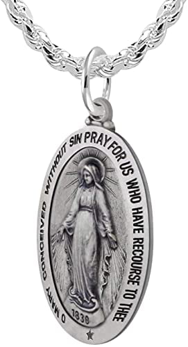 18-Inch Rhodium Plated Necklace with 4mm Jet Birthstone Beads and Sterling Silver Our Lady of Guadalupe Charm.