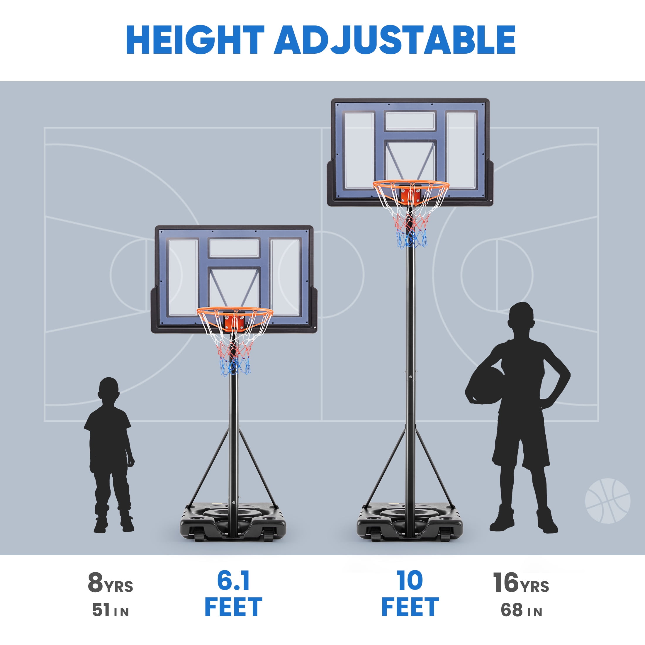Edx 6.1ft-10ft Adjustable Height 44" Shatterproof Outdoor Portable Basketball System (Adult), Grey