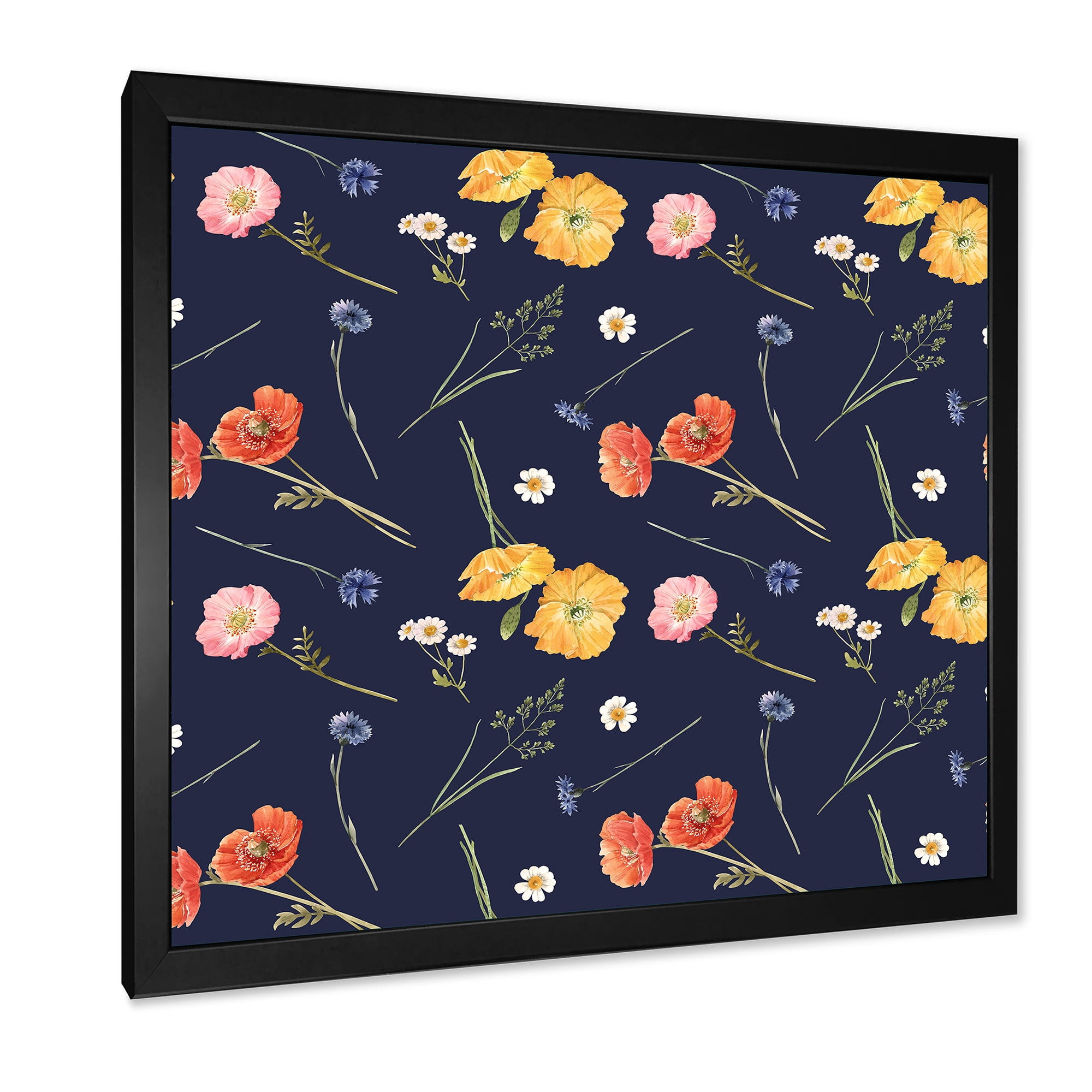 Designart 'Yellow and Orange Wild Flowers On Dark Blue' Traditional Framed Art Print