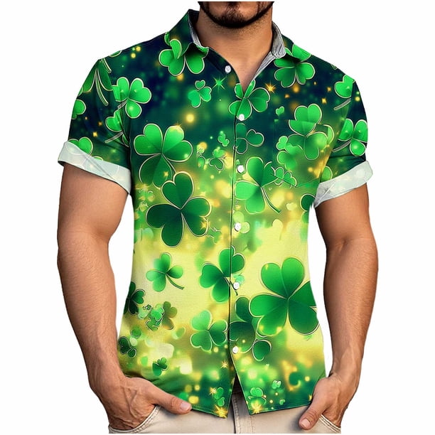 Ceisia Men's St. Patrick's Day Short Sleeve Shirt Clover Print Regular Straight Fit Green Turn-Down Collar Spring Summer Shirt Gift