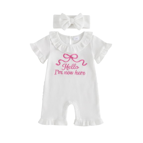 Cenuakty Baby Girls 2 Piece Outfits Bow Embroidery Short Sleeve Round Neck Romper and Headband Set