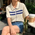 thumbnail image 2 of Womens Striped Short Sleeve Sweater Casual Knitted Button Down Crochet Cardigan Vintage Y2k Hollow-Out Tops, 2 of 6