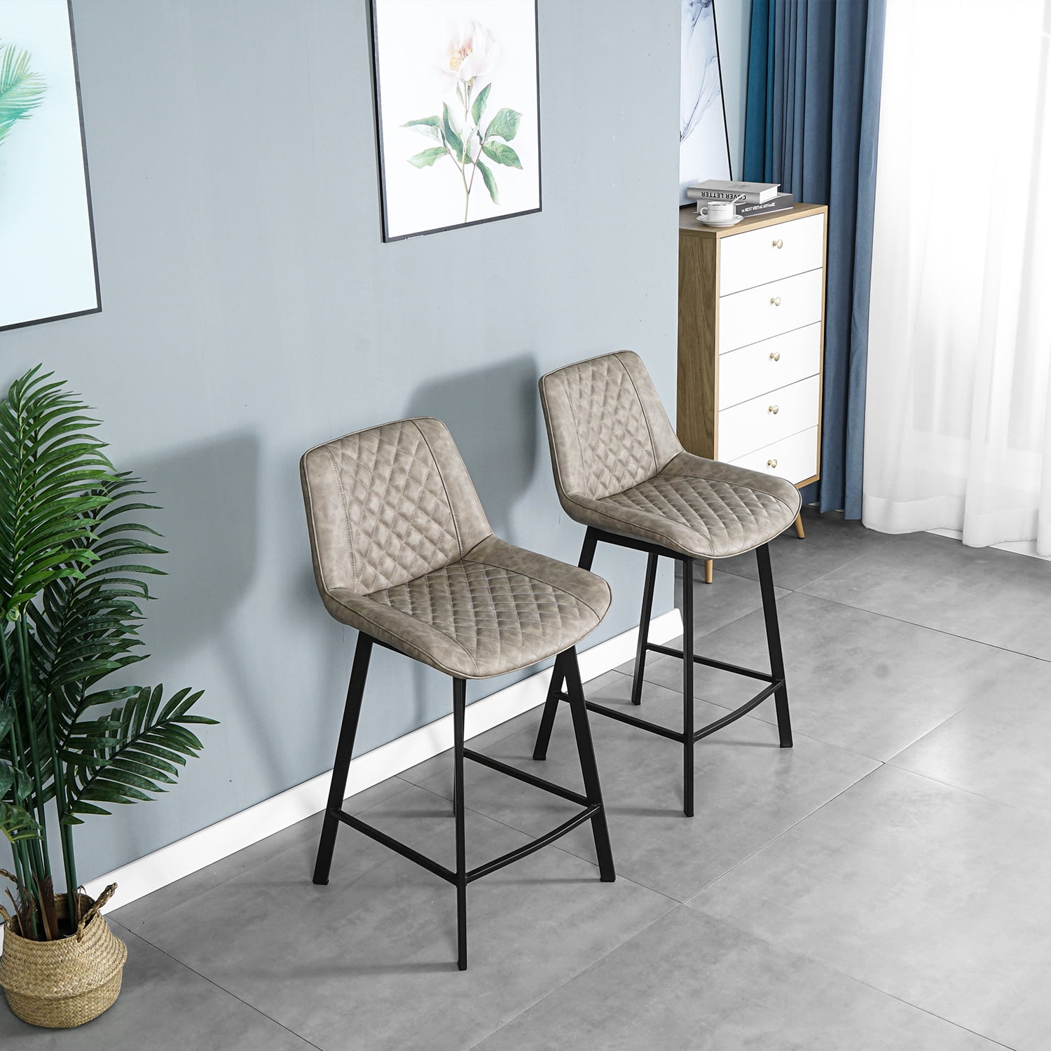 Kadyn Modern Cheap High Bar Stool Set of 2, Upholstered Pu Leather Bar Chair with Back, Metal Counter Height Bar Stool for Dining Room, Light Brown