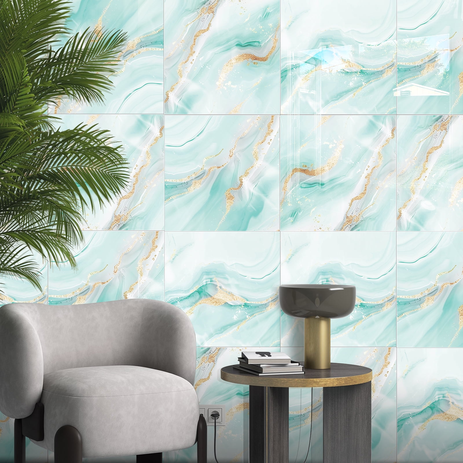 DEWOO 10pcs Peel and Stick Backsplash Wall Tile, Waterproof Peel and Stick Marble Wall Tiles, Self-Adhesive Panels for Bathroom, Kitchen, and Living Room (Blue Marble,12"×12")