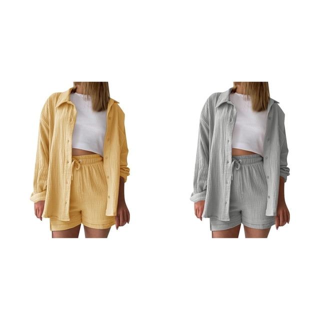 (2-Pack) Rinsvye Womens Crinkle Fabric Shirt Set Long Sleeve Button Down Top With Drawstring Shorts Casual Two-Piece Outfit Wear