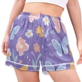 thumbnail image 2 of Women's Satin Pajama Shorts Purple Blossoms and Butterflies with Pockets, Elastic Waist Sleep Lounge Shorts, 2 of 7