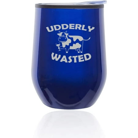 

Stemless Wine Tumbler Coffee Travel Mug Glass with Lid Udderly Wasted Cow Funny (Fuchsia)