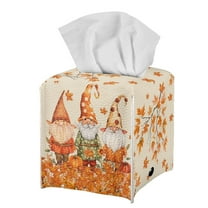 FUIALDOLG PU Leather Waterproof Tissue Box Holder, Square Napkin Facial Tissues Boxes Dispenser, Thanksgiving Gnome Leaves Home Office Car Tissue Holder Decorative Container