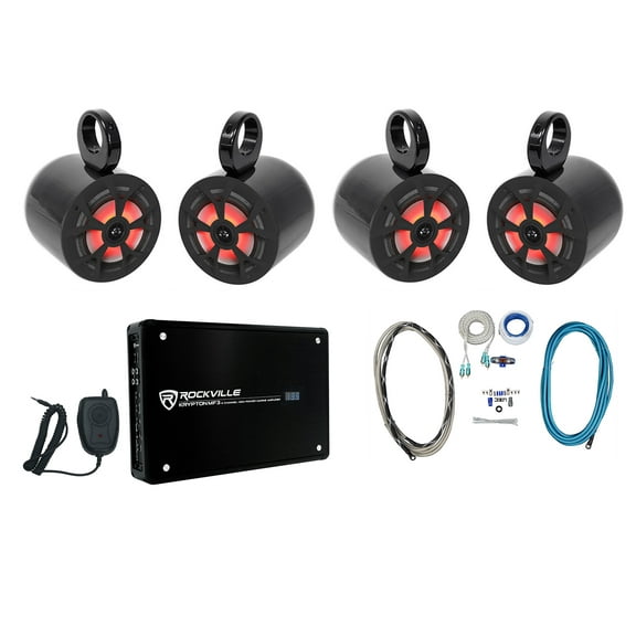(4) Rockville RKL65MBW 6.5" 700w Marine Wakeboard LED Speakers Amplifier Amp Kit