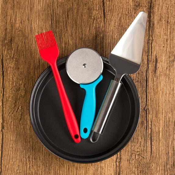 Non-Stick Thicken Round Pizza Baking Pan Tray with Roller Scraper Silicone Brush