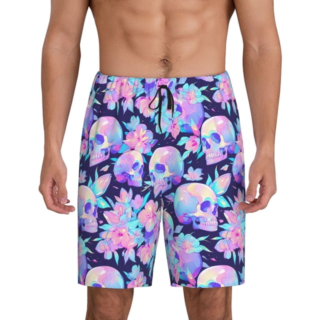 Fotbe pinkk flower crystal Skull Pantalones Cortos de Pijama para Hombre, Ropa de Dormir, Pantalones de Pijama Cortos para Hombre-Medium