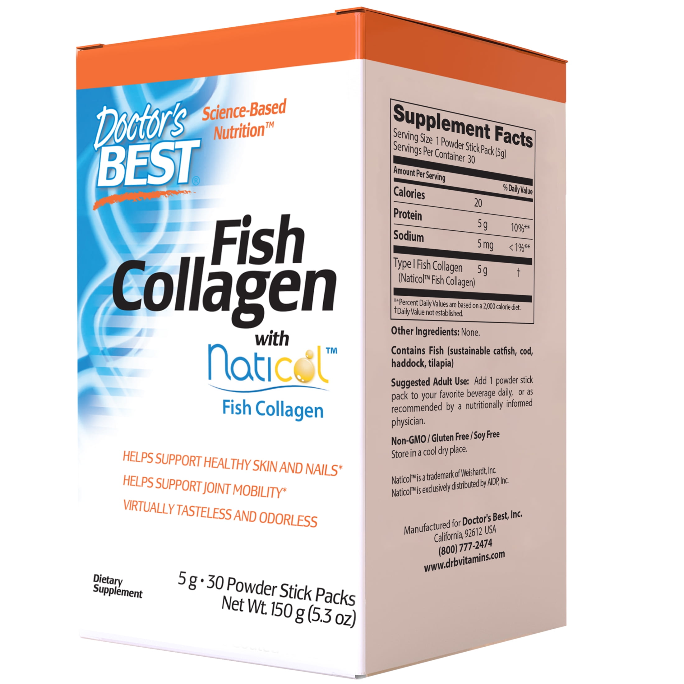 Doctor's Best Fish Collagen with Naticol Fish Collagen, Non-GMO, Gluten Free, Soy Free, Supports Skin, Nails, Joints, 30 Stick Packs
