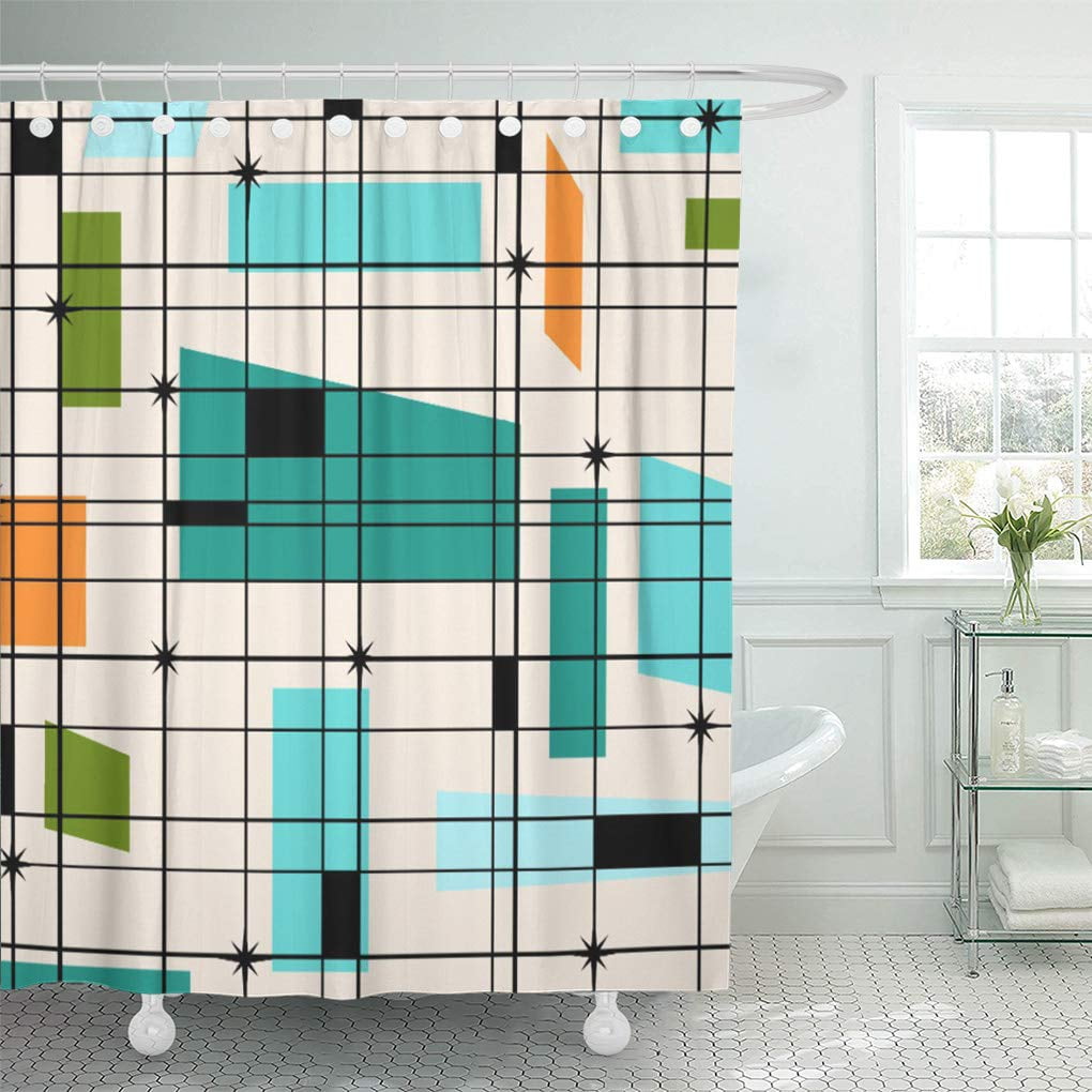 CYNLON Teal Mid Retro Grid and Orange Century Modern Vintage Bathroom