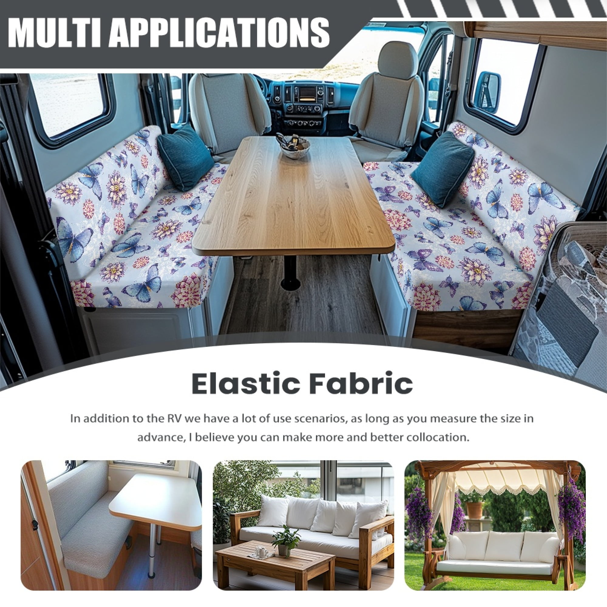 FOR U DESIGNS Boho Mandala Butterfly Blue Print RV Dinette Cushion Covers 2 Pcs Comfortable Camper Cushion Slipcover Stretchable Loveseat Sofa Chair Cover Furniture Protector for RV Camper Car Bench