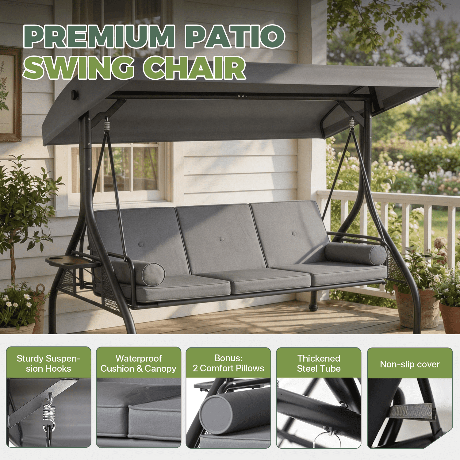 BaPiPro Gray 3-Seat Metal Outdoor Patio Swing with String Lighting, 2-in-1 Convertible Swing Bed, Adjustable Canopy, Removable Cushions & Foldable Side Table for Garden Porch Deck