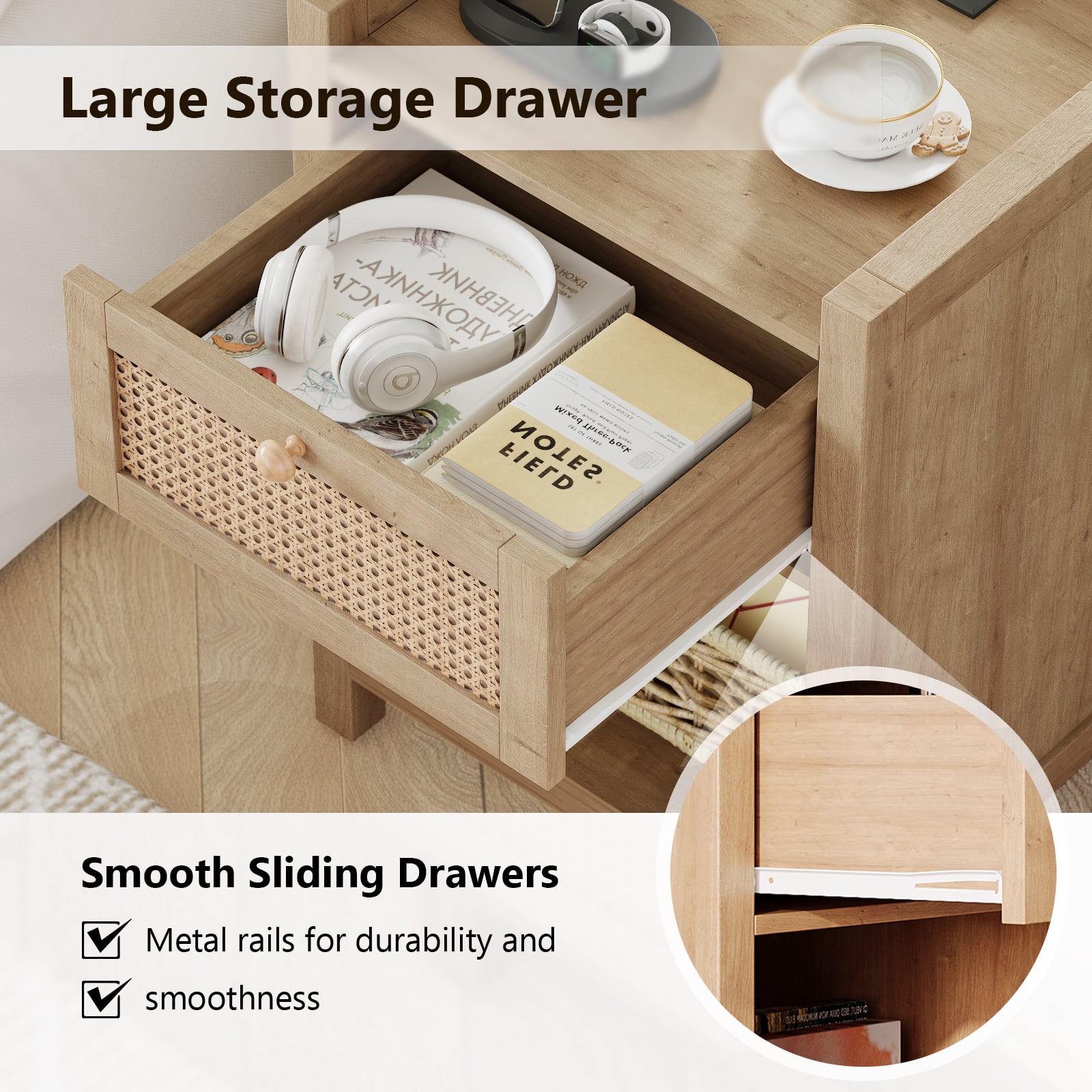 LGHM Nightstand Set of 2 with Charging Station, Farmhouse Bedside Tables Night Stands with Drawer, Boho Side Tables for Bedroom, Living Room, Oak