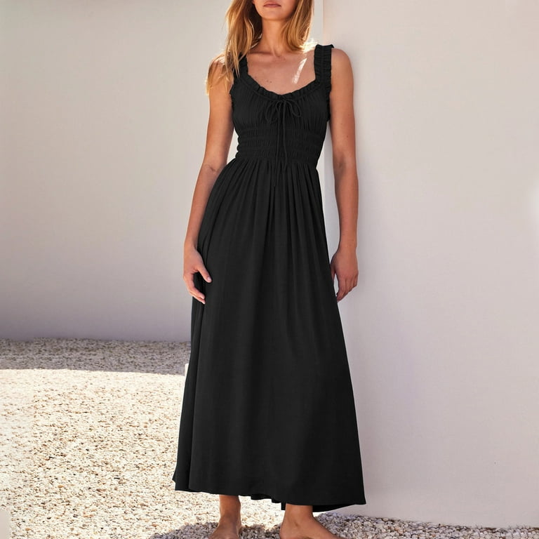Rvkxad Women's Summer Dresses Under $10 Empire Waist Dress Sleeveless Maxi  Tie Front A-Line Dresses Party Beach Smocked V Neck Flowy Boho Long  Sundress Black XL - Walmart.com