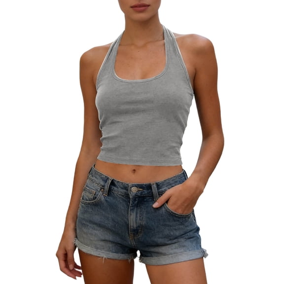 YMNXA Women's Tank Top Built In Bra Halter Neck Sleeveless Solid Color Backless Slim Fit Comfortable Fashion Camisole Top For Casual Daily Wear,Grey,One Size