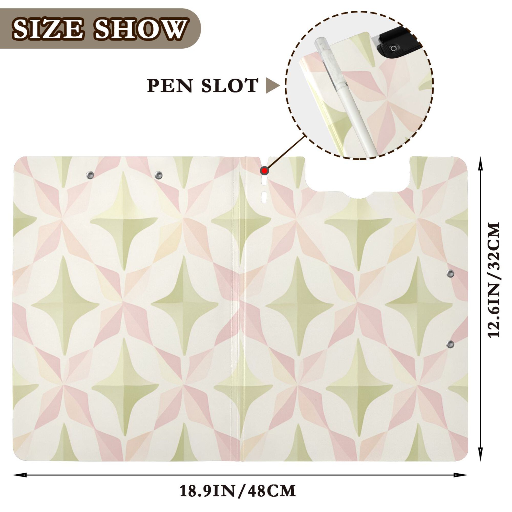 FORMRS A4 Clipboard Folder with Pen Holder Horizontal Foldable School Office Binder, Pastel Pink Geometric