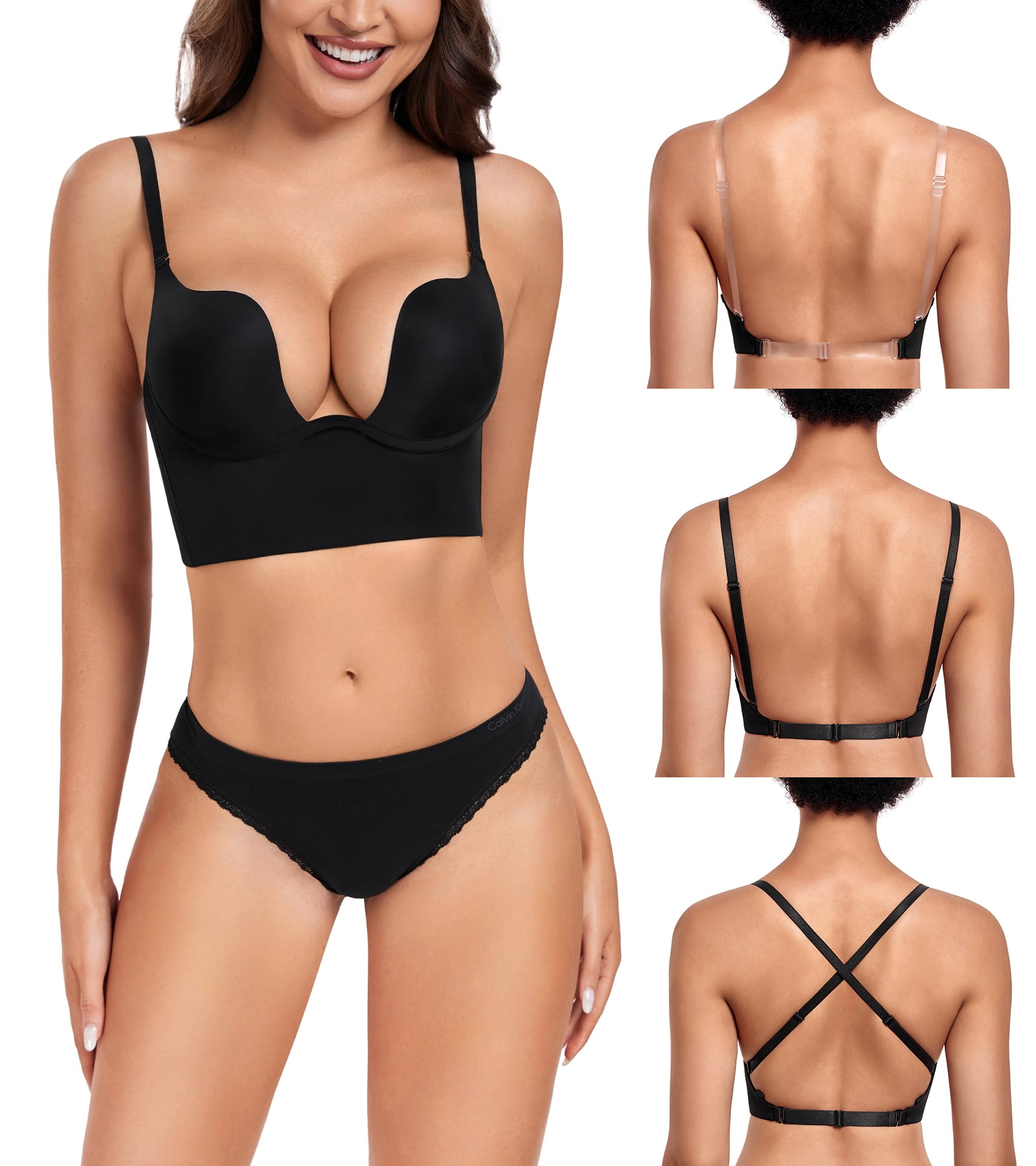 Exerin Women's Plunge Backless Bra Underwire Push Up Padded Multiway Low Back Bras(32B,Black)