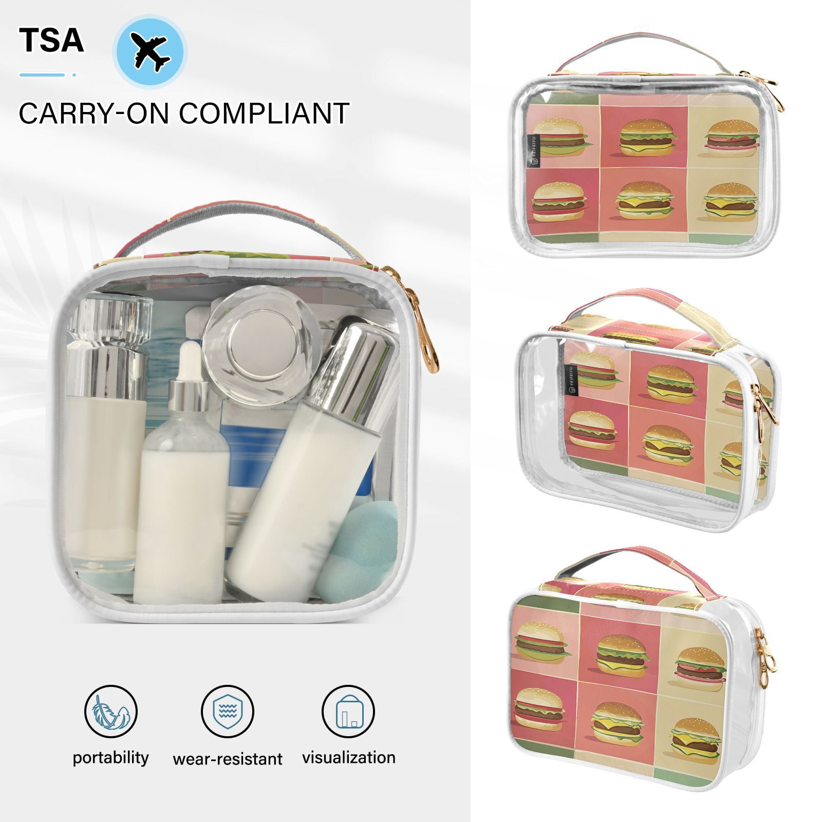 Clear Makeup Bags with Handle Large Opening 2 Pack Set Toiletry Bag Quart Size Bag, for Women Man Traveling Travel Essentials, Toiletries and Other. Colorful Hamburger