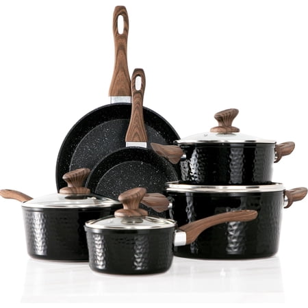 Kitchen Academy Pots and Pans Set Non Stick - 15 Pcs Black Induction Kitchen Cookware Sets, Healthy Non-toxic Hammered Cooking Pans Set