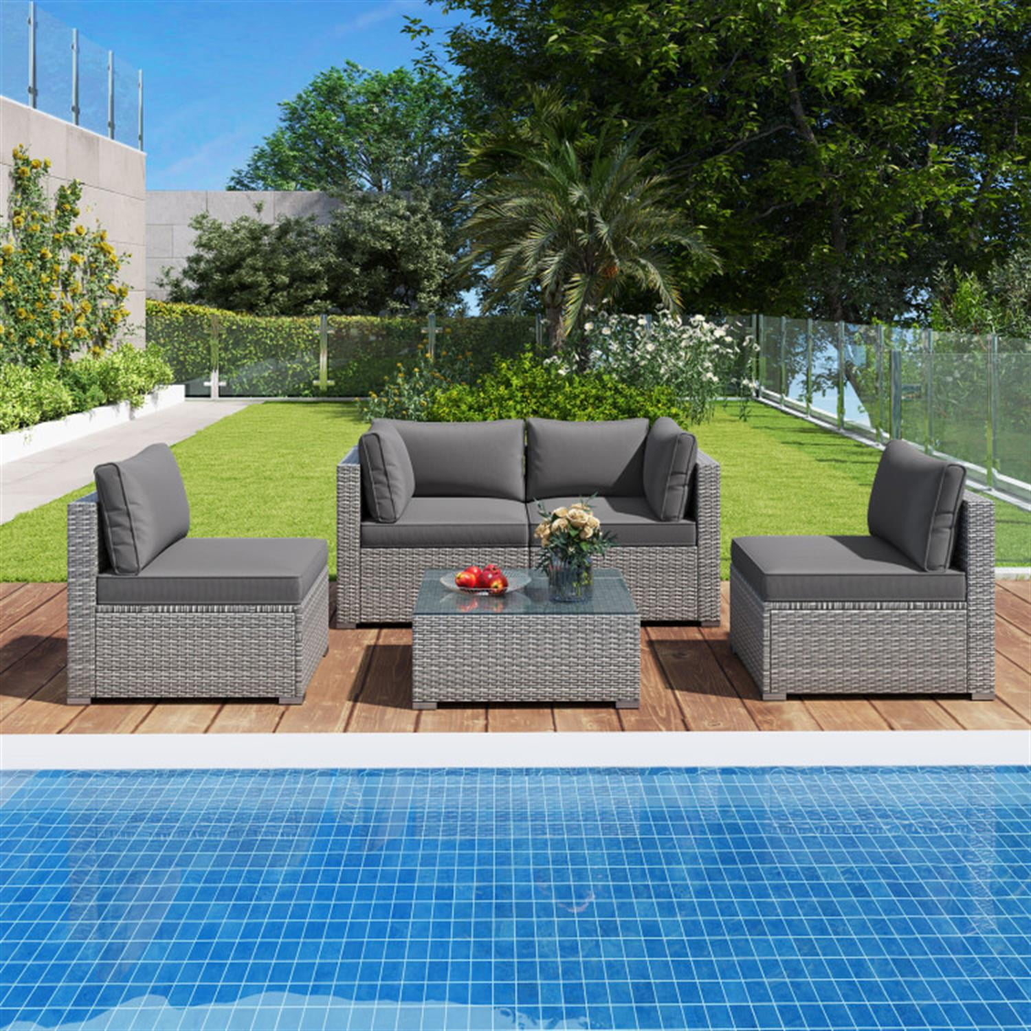 Demi Bonn 5-Piece Outdoor Patio Furniture Sets Sectional Sofa Couch and Glass Coffee Table with Cushions for Yard, Pool or Backyard, Gray