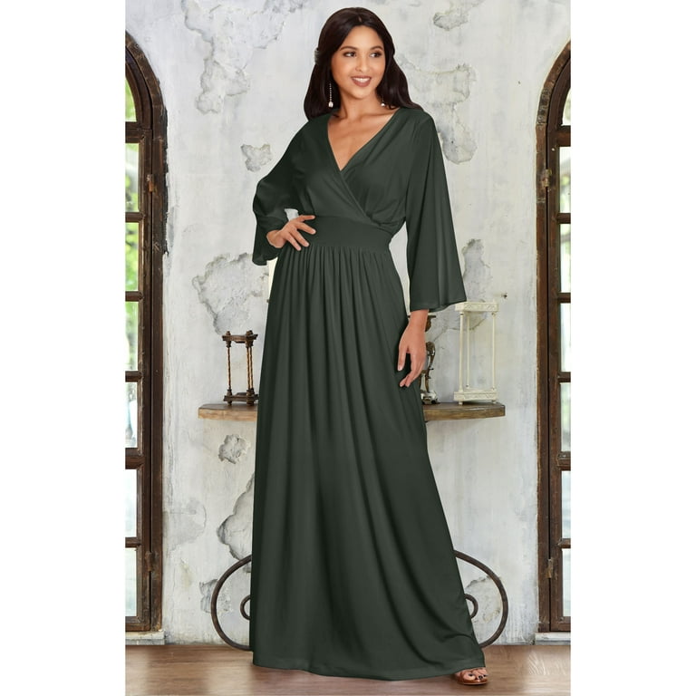 KOH KOH Long Kimono Sleeve with Sleeves Wrap Fall Winter Empire Waist Flowy Casual Formal Cute Maternity Robe Abaya Tall Maxi Dress Gown For Women Olive Green Large US 12 14 NT023
