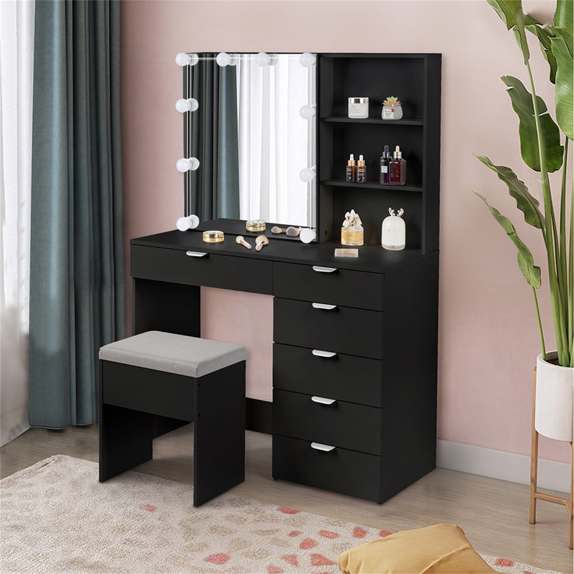 Kadyn Make Up Vanity Desk with 6 Pumps 2 Shelves Mirror Cabinet 3 Tone Light Bulbs, Vanity Table and Chair Set, Black Kadyn Make Up Vanity Desk with 6 Pumps 2 Shelves Mirror Cabinet 3 Tone Light Bulbs, Vanity Table and Chair Set, Black