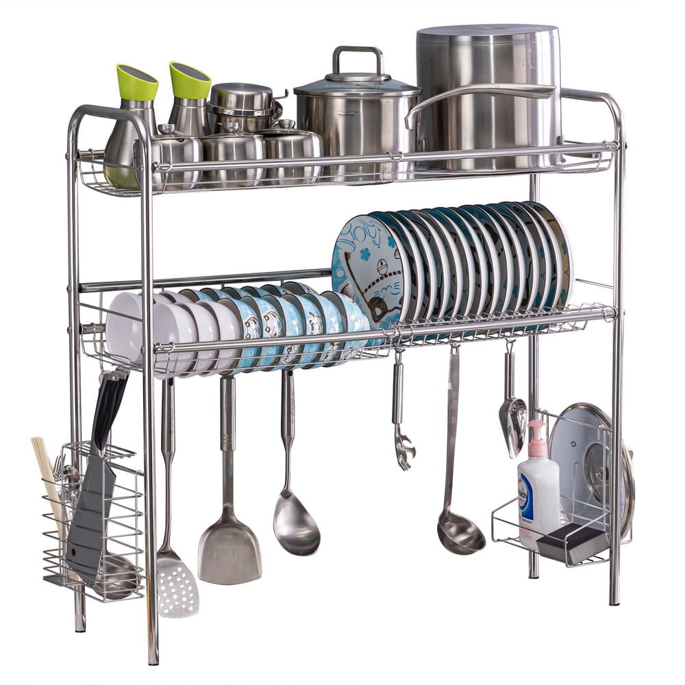 FUNNy elf Dish Drying Rack, 2-Tier Stainless Steel Dish Rack with Removable  Utensil Holder, Rust-Proof Dish Drainer with Drying Board,Large Dish Racks