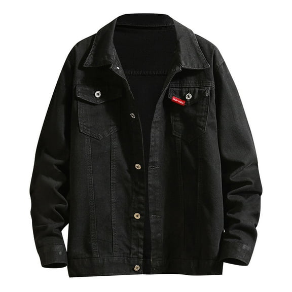 KaLI_store Denim Jacket Men Men's Solid Color Loose Autumn Winter Button Vintage Denim Jacket Tops Blouse Coat Black,L